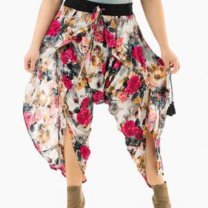 Flap Harem Pant Open Side Tasseled Drawstring Yoga Travel Beach Floral Pink Kira